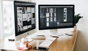 Website design - SEO workspace with dual monitors and design software in Daytona Beach Florida